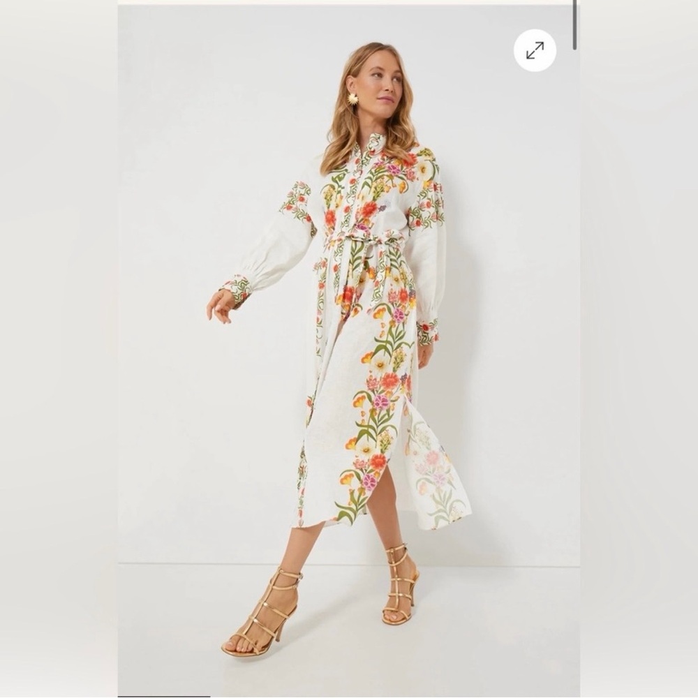 Borgo De Nor White Floral Border Midi Shirt Dress